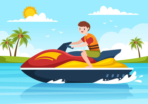 Playing Banana Boat and Jet Ski Holidays on the Sea in Beach Activities Template Hand Drawn Cartoon Flat Illustration