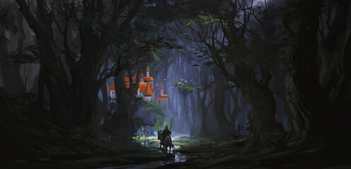 A mysterious castle hidden deep in the jungle, 3D illustration. - obrazy, fototapety, plakaty