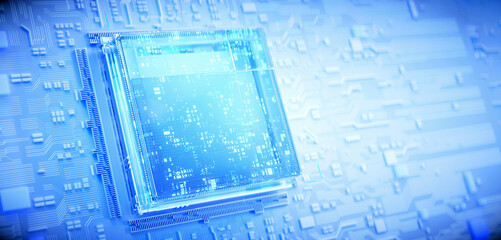 3D rendering of cyberpunk AI. Circuit board. Technology background. Central Computer Processors CPU and GPU concept. Motherboard digital chip. Tech science background.