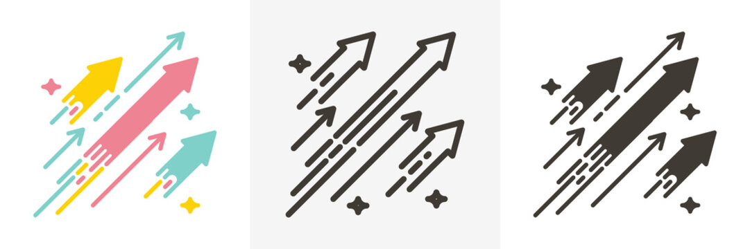 Arrows shooting to the stars. Vector trendy thin line icon illustration design. Concept for financial, personal and creative growth, fireworks, going up.
