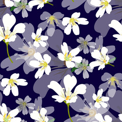 Fototapeta na wymiar Floral vector seamless pattern for fabric design. White flowers on a dark blue background.