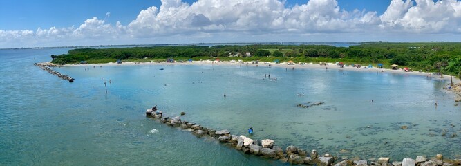 Shallow, calm lagoon at popular Sebastian Inlet State Park on the Space Coast in Brevard County,...