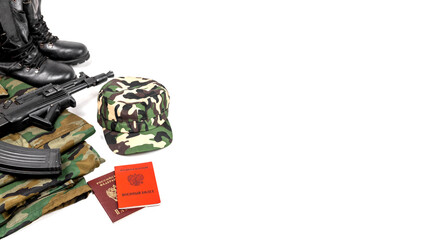 Banner with space for text. Kalashnikov assault rifle, military uniform and documents of a citizen...
