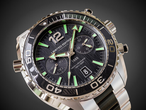 Men's Swiss mechanical wristwatch made of polished metal with hands and a stopwatch close-up. 3D