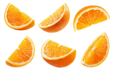 Orange isolated set.Collection of ripe juicy orange slices in different angles on a white...