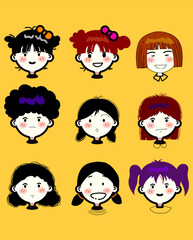 Set of face expression character young girl cartoon icon vector illustration.