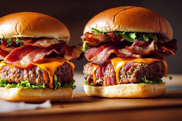 Delicious bacon cheeseburger. Computer-generated 3D image made to look like photography - obrazy, fototapety, plakaty