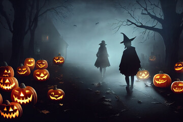halloween ghost background with Spooky night background with haunted homes, castle, Pumpkins and Jack O'lanterns, foggy Halloween illustration, 3d rendering.