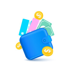 Money wallet paper dollars, gold coins isolated on white background. Business financial investment concept. Hand icon 3D Vector EPS10 illustration.