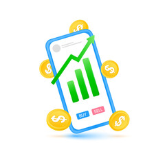 Mobile phone with graph growth stock and money coins fall. Economy trends investment concept. Isolated on white background. Icon 3D vector EPS10 illustration. 