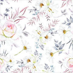 elegant floral seamless pattern with beautiful flower and leaves watercolor