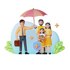 Insurance protecting family live , 3d character illustration