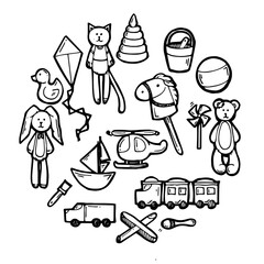 Toys for children of different ages. Round layout. Outline hand drawn sketch. Drawing with ink. Isolated on white background. Vector.