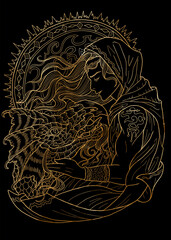 Graphic textured illustration with fantasy asian dragon and warrior character boy, hero man or prince against black background, manga cartoon style
