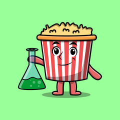 Cute cartoon mascot character Popcorn as scientist with chemical reaction glass