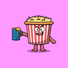 Cute Popcorn cartoon mascot character with beer glass and cute stylish design flat illustration