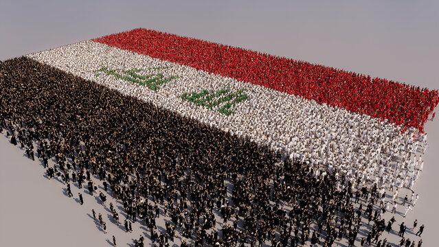 Iraqi Banner Background, with People gathering to form the Flag of Iraq.