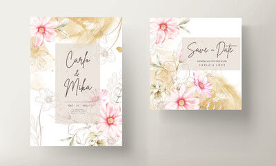 invitation card template with beautiful pink flower and golden floral