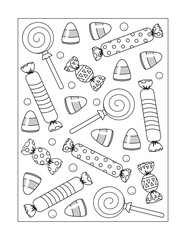 Halloween candy coloring page, poster, sign or banner black and white activity sheet 
