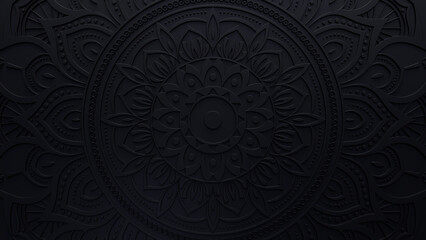 Black Surface with Extruded Ornamental Pattern. 3D Diwali Celebration Wallpaper.