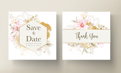 invitation card template with beautiful pink flower and golden floral