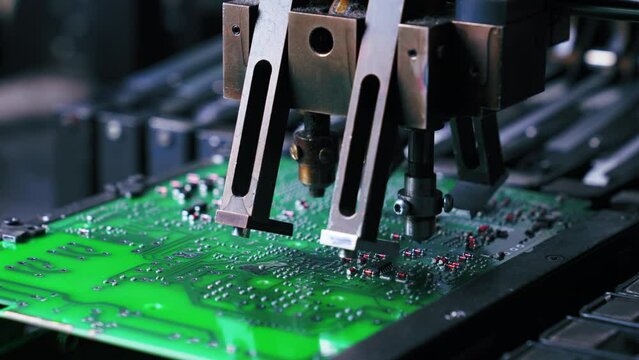 SMD surface-mount device mounting electrical components on printed circuit board PCB. Modern precision technology. . High quality 4k footage