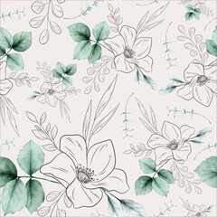 elegant flower line and watercolor floral seamless pattern