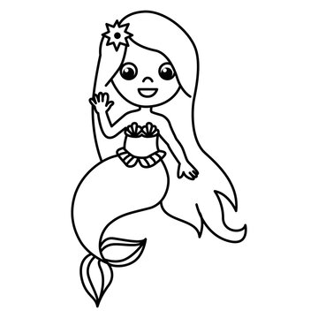 Cute mermaid cartoon characters with cute face vector illustration. For kids coloring book.