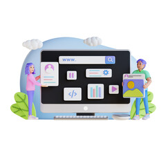 young man and woman doing web program, 3d character illustration