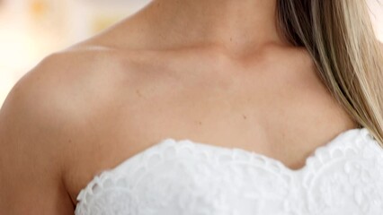 Wedding dress, happy bride and woman fitting on elegant lace gown at dressmaker in a shop, store or boutique. Dream, smile and bridal wear with female or customer choosing the perfect style for her