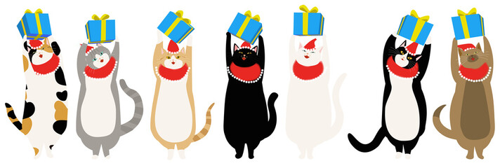 クリスマスのプレゼントが入った箱を持つ七匹の猫　背景透明PNG