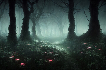 spooky and gloomy fantasy forest background, concept art, digital illustration, Generative AI