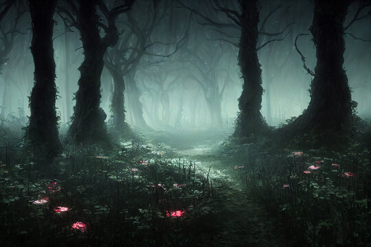 spooky and gloomy fantasy forest background, concept art, digital illustration