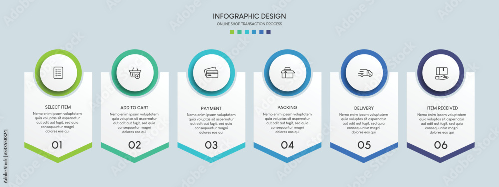Aufkleber Process of online shopping with 6 steps. Steps business timeline process infographic template