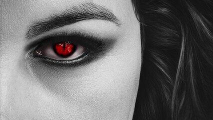 Hypnotic vampires gaze. Beautiful red eye of black-haired woman, close up, selected focus.