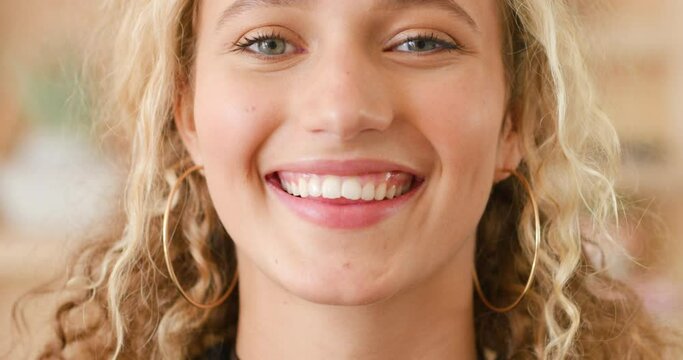 RPC_04_2. Smile, portrait and face of blonde woman for beauty, cosmetics or makeup expression or emotion. Happy, freedom and jewellery with young caucasian female for youth happiness and lifestyle.