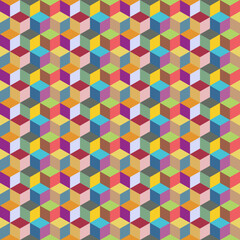 Abstract vector background with colorful symmetrical parallelogram shapes. Simple flat illustration of multicolored stacking cube. Geometry seamless pattern artwork, squares, rhombuses, hexagons.