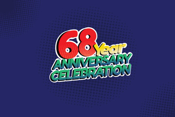 68 year anniversary celebration fun style logotype. anniversary logo with red, purple and blue color isolated on red background, vector design for celebration, invitation and greeting card - Vector