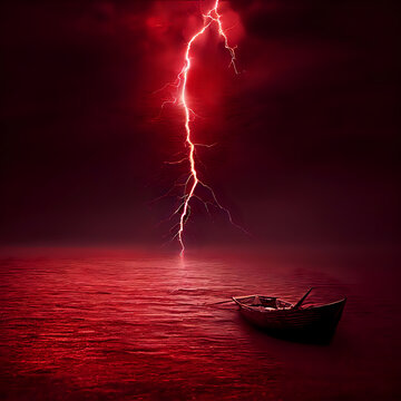 Illustration of a boat and red lightning bolt