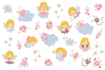 Obraz premium Set of cute angels, flowers, stars, clouds, and harps. White background, isolate. Vector illustration