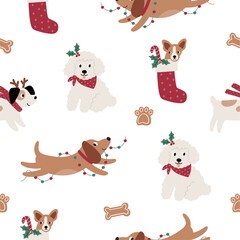 Naklejka premium Cute cartoon dogs of different breeds and Christmas decorations, candy, gifts, garlands, cookies, bone. Festive vector illustration - dog on winter holidays in flat style. Seamless pattern