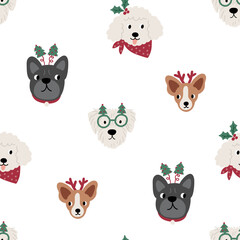 Fototapeta premium Cute cartoon dogs of different breeds and Christmas decorations, candy, gifts, garlands, cookies, bone. Festive vector illustration - dog on winter holidays in flat style. Seamless pattern