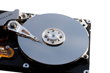Disassembled hard drive from the computer, hdd with mirror effect. Opened hard drive from the computer hdd with mirror effects. Part of computer pc, laptop