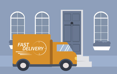 vector illustration in a flat style on the theme of delivery. there is a delivery truck at the door