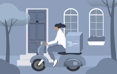 vector illustration in a flat style on the theme of fast delivery. courier girl rides a scooter and carries parcel boxes