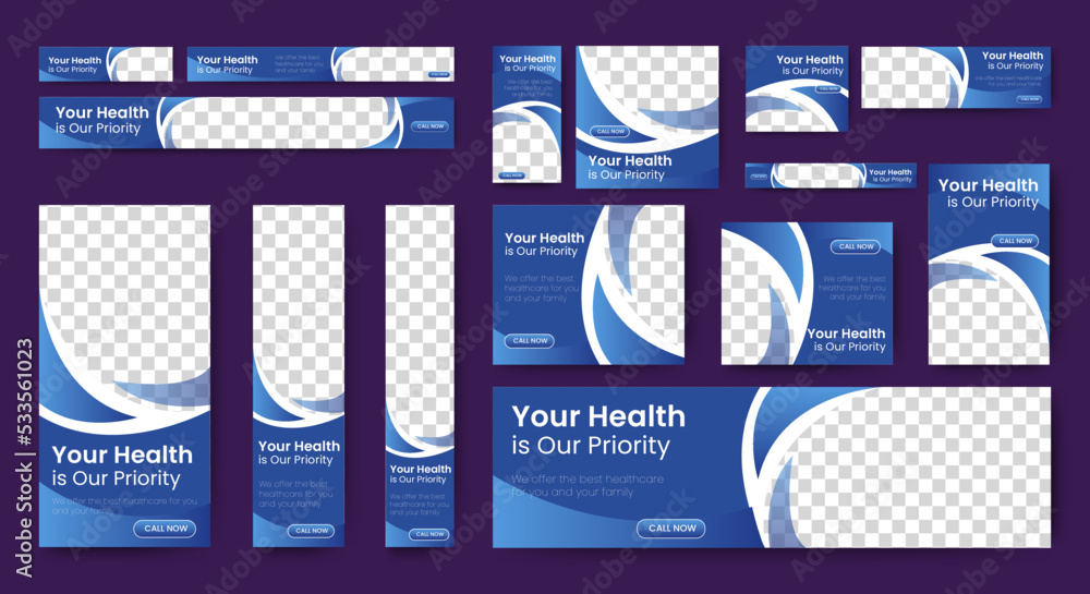 Poster medical health banner design web template set, horizontal header web banner. gradient blue. cover he