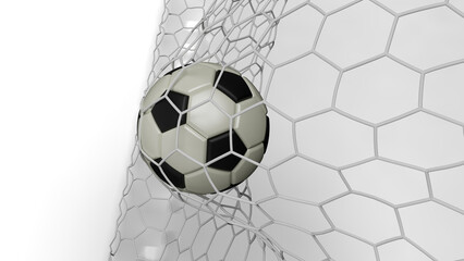 White-Black Soccer Ball in the Goal Net under white background. 3D illustration. 3D CG. 3D Rendering. High resolution. PNG file format.