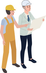 アイソメ　作業服の男性と現場監督スーツの男性　相談