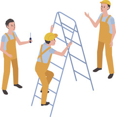 アイソメ　作業服　はしごに上る　3人