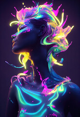Woman dissolving into neon acrylic paint